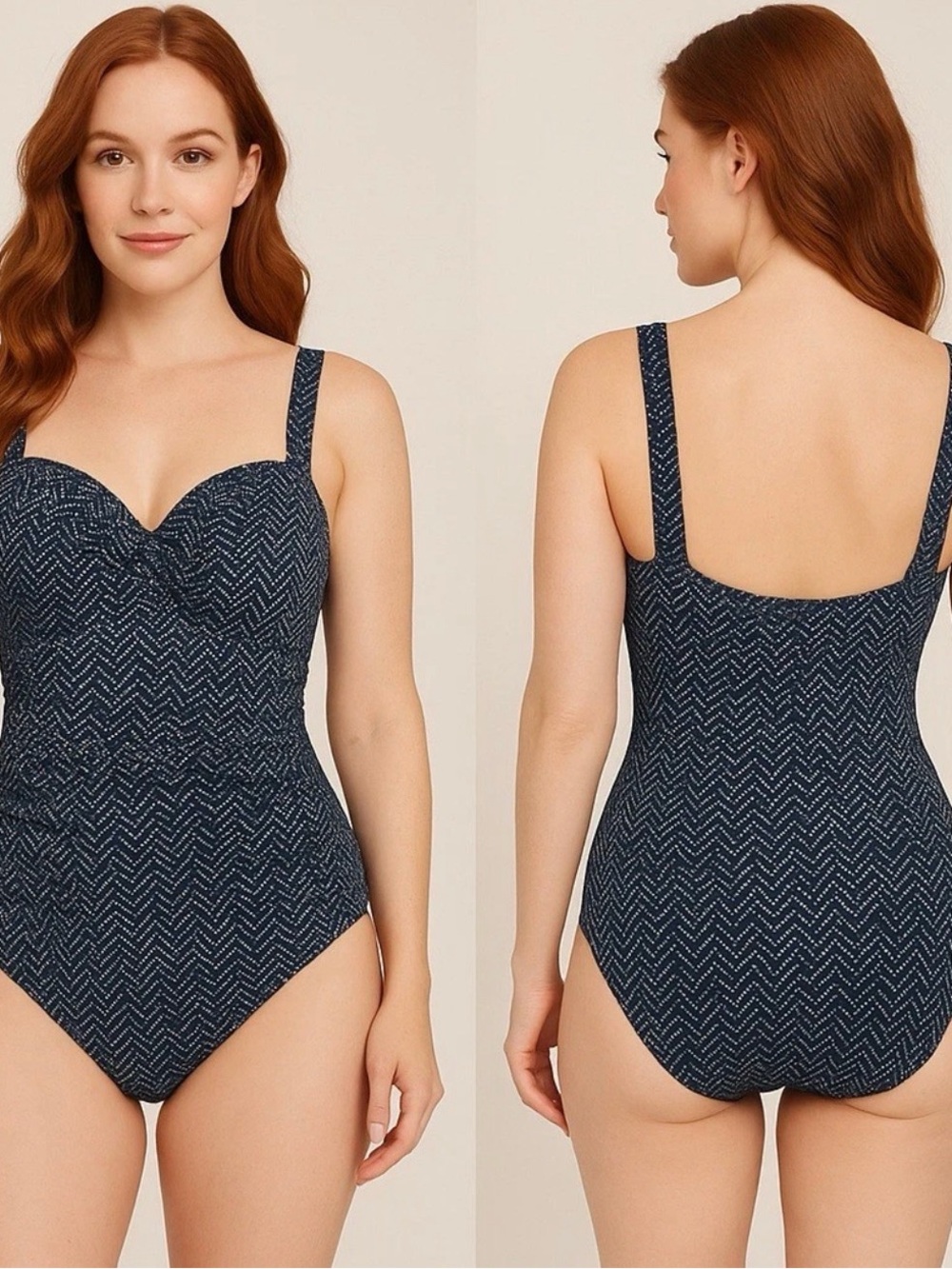 Nip Tuck Swim One Piece Swimsuit Size 16 Blue White Chevron Tummy Control Cups